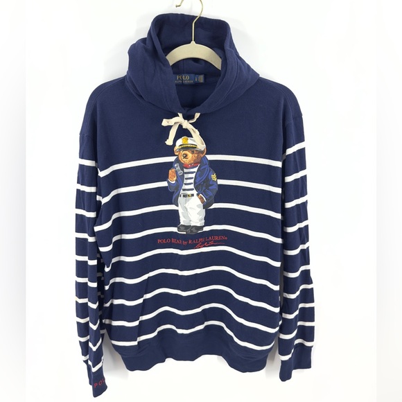 Polo Ralph Lauren Bear Newport Hoodie Mens Size L Blue Striped Pique Captain - Picture 1 of 12
